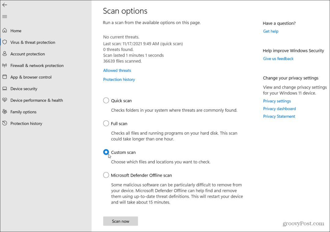 Персонализирано сканиране на Windows 11