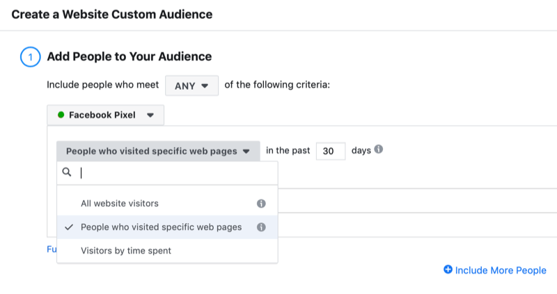 диалогов прозорец за създаване на потребителска аудитория на посетител на уебсайт на Facebook
