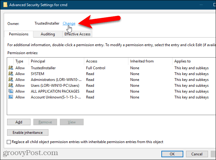 Щракнете върху връзката Промяна за собственика на ключ в системния регистър на Windows