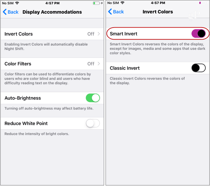 Настройки за тъмен режим на iOS инвертират цветове