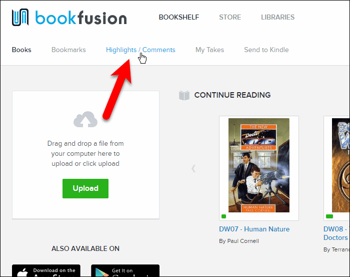 Кликнете върху Акценти / коментари в уеб интерфейса на BookFusion