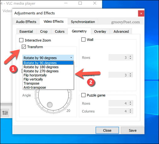 Задаване на предварително зададени ротации във VLC на Windows
