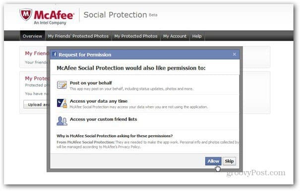 mcaffee социална защита permissons facebook