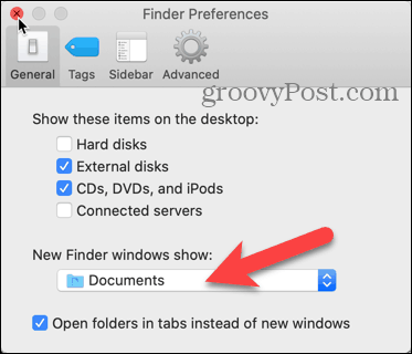 Кликнете върху падащия списък New Windows Finder в Предпочитания на Finder на вашия Mac