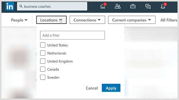 Страницата с резултати от търсенето в LinkedIn има филтри за връзки за местоположение и компания.