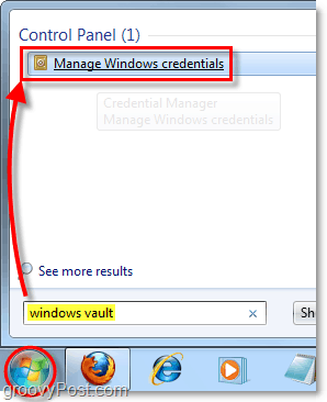достъп до трезора на Windows от търсенето в менюто "Старт" в Windows 7