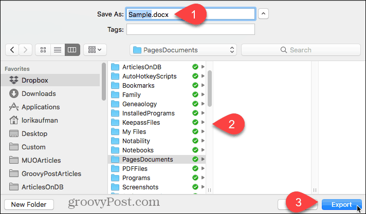Изберете местоположение за експортиран файл и щракнете върху Експортиране в Страници за Mac