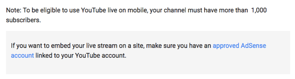 YouTube Live чрез мобилно устройство изисква да имате 1000 или повече последователи за вашия канал.