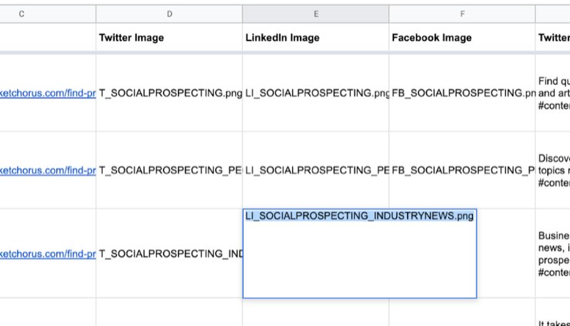 пример за google лист с частични данни, попълнени за имена на изображения в Twitter, linkedin, facebook, както току-що създадени в canva