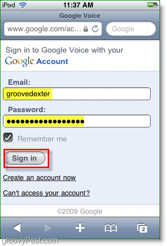 намерете сайта за мобилно приложение на google voice и след това въведете вашите идентификационни данни