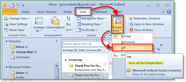 как да изключите панела с хора в Microsoft Office Outlook 2010