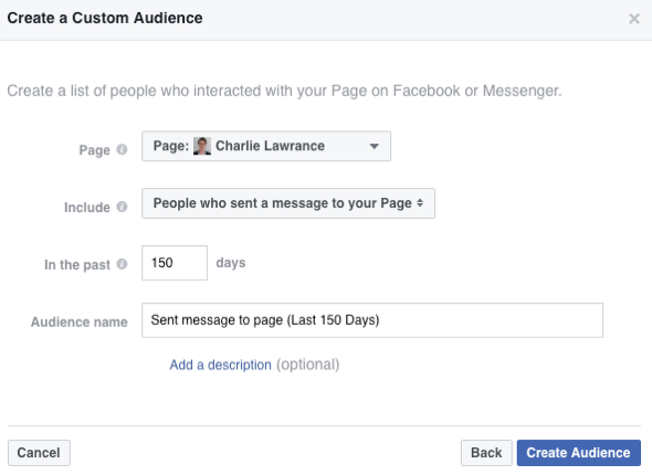 Изберете опцията за създаване на аудитория от хора, които са изпратили съобщение до вашата страница във Facebook.