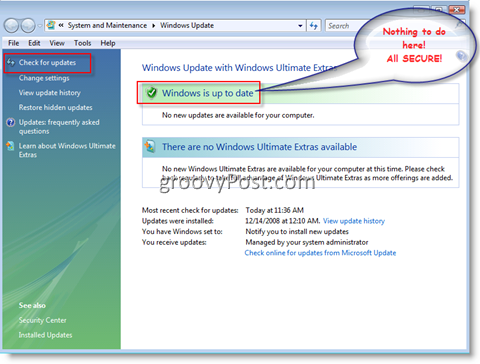 Меню за актуализиране на Windows за Windows Vista