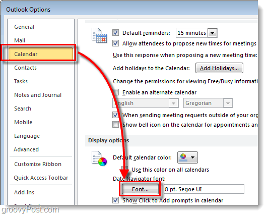 Как да промените шрифта за навигация на датата на календара на Outlook 2010