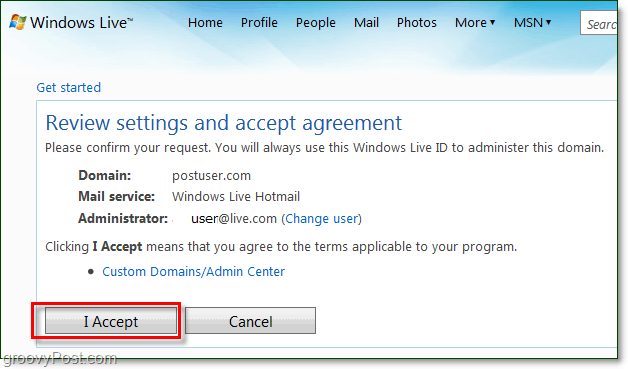 прегледайте и приемете споразумението за условията за електронна поща в Windows live domain