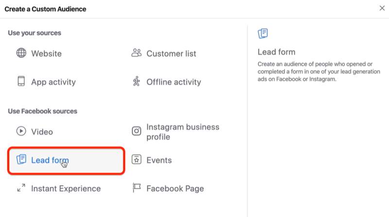 Опция Lead Form за потребителска аудитория във Facebook
