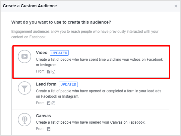 Изберете опцията за ангажиране на видео за вашата персонализирана аудитория във Facebook.