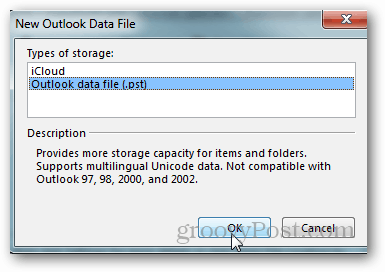 как да създадете pst файл за Outlook 2013 - щракнете върху файла с данни на Outlook