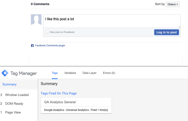 Използвайте Google Tag Manager с Facebook, стъпка 23, визуализация на коментар с обобщена селекция за уволнен Facebook Tag