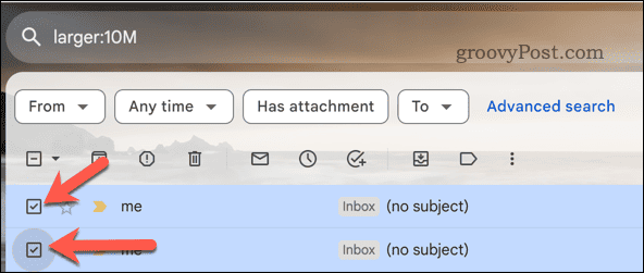 Изберете имейли в Gmail в резултатите от търсенето