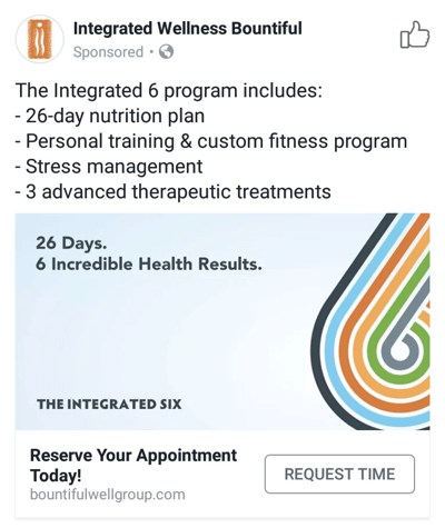 Рекламни техники във Facebook, които дават резултати, пример от Integrated Wellness Bountiful, предлагащ време за срещи