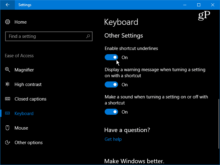Направете Windows 10 подчертаване и подчертаване на клавишните комбинации на менюто