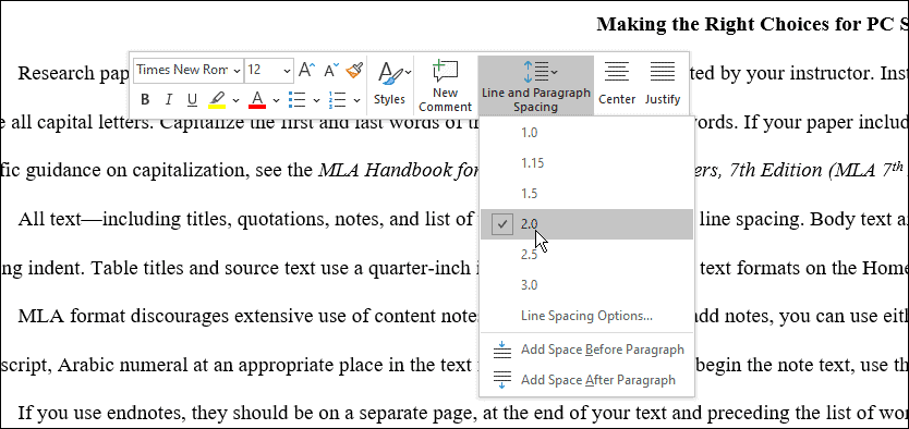 интервал използвайте mla формат в Microsoft Word
