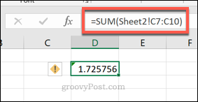 Формула на Excel SUM, използваща диапазон от клетки от различен работен лист