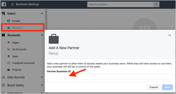 За да споделите достъпа до акаунта, добавете Business Manager на вашата агенция като партньор към Business Manager на клиента. 