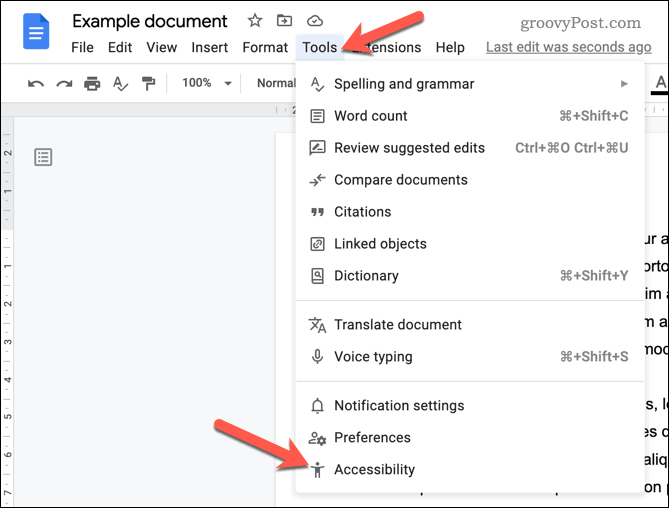 Отворете менюто за достъпност на Google Документи