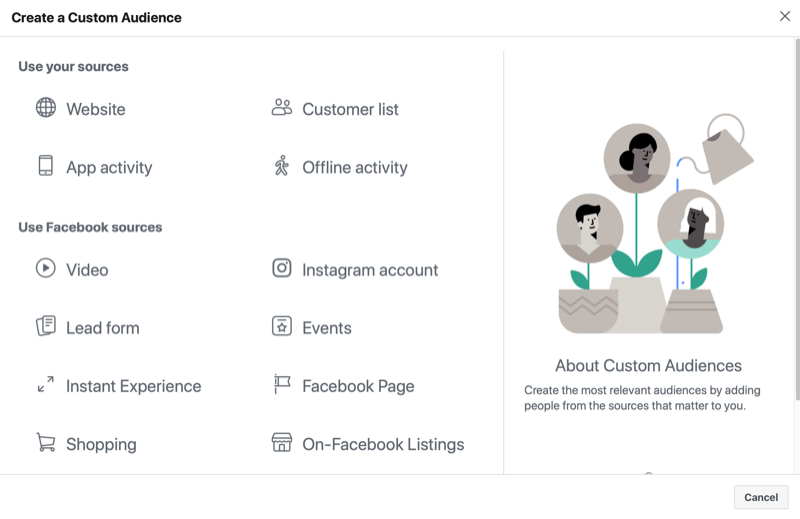 меню за потребителска аудитория на instagram, отбелязвайки опциите за източник на аудитория на уебсайт, списък с клиенти, активност в приложения и офлайн активност; и facebook източници на видео, акаунт в instagram, формуляр за олово, събитие, незабавно изживяване, facebook страница, пазаруване и списъци във facebook