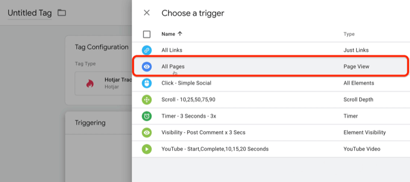 нов таг на Google tag manager с избор на опции в менюто за задействане с няколко отбелязани, включително щракване - просто социално, превъртане - 10,25,50,75,90, време - 3 секунди - 3x, наред с всички избрани страници