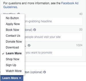 facebook въртележка реклама изображение подканващо действие бутон избор
