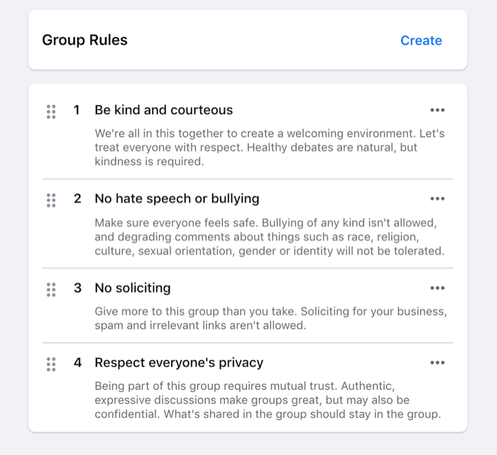 пример за правила, зададени за фейсбук група като бъди любезен, няма реч на омразата, няма подканване и т.н.