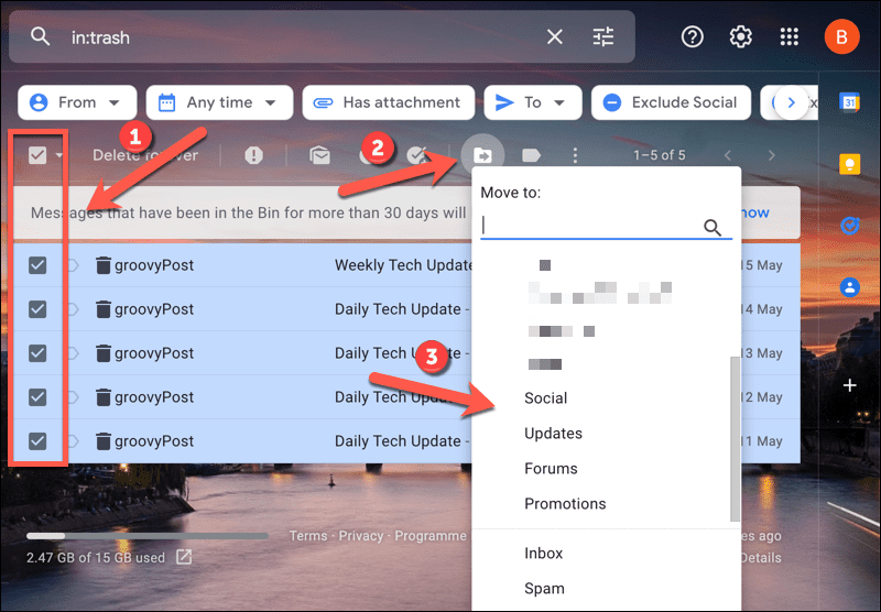 Преместване на имейли извън папката за боклук на Gmail