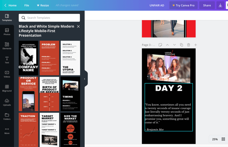 стъпки за използване на Canva за създаване на маркови графики за Instagram история на събитие на живо