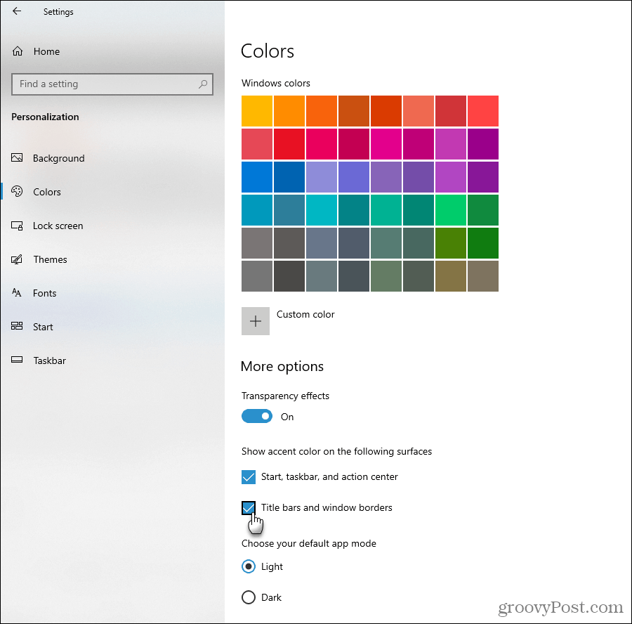 Показване на опциите за цвят на акцентите в Windows 10