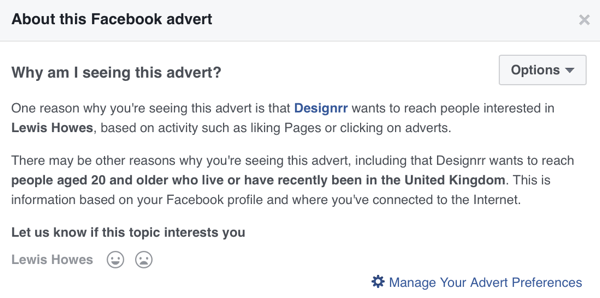 Facebook ще покаже подробна информация за насочване за реклама във Facebook.