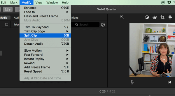 В iMovie разделете видеоклипа си на сегменти, като изберете Modify> Split Clip.