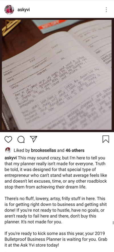 Как да напишете ангажиращи надписи в Instagram, стъпка 4, разделете по-дългия надпис на абзаци пример от askyvi