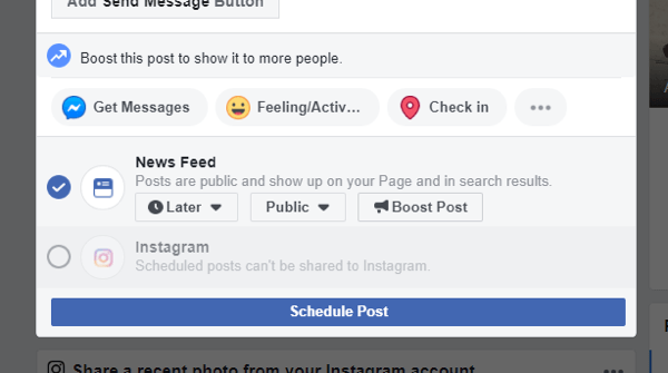 Как да кръстосате публикации в Instagram от Facebook на десктоп, пример за опцията за кръстосано публикуване в Instagram вече не е налице при планиране на публикация във Facebook