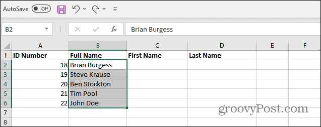 Изберете имена от списъка на Excel