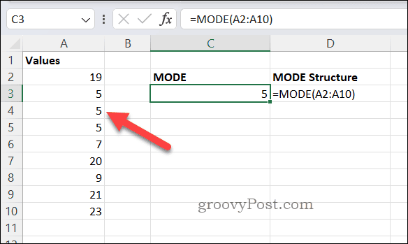 Резултат от формулата MODE в Excel
