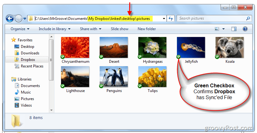 Windows Explorer потвърждава, че Symlink е създаден, а Dropbox синхронизира файлове