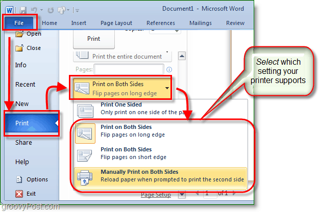 Снимка на Micosoft Word 2010 коригирайте настройките си за печат, за да печатате от двете страни