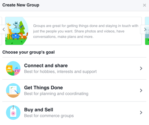 За да създадете група във Facebook, фокусирана върху изграждането на общност, изберете Свързване и споделяне.