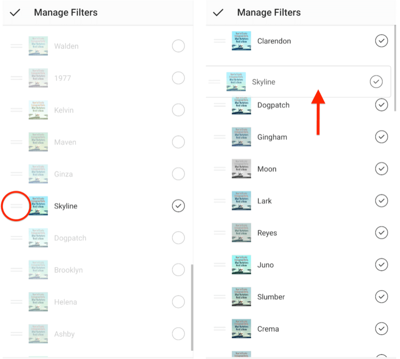 управлявайте опциите на менюто за филтри на instagram, показващи двойно хоризонтални ленти за избор до разрешаващите филтри те да бъдат пренаредени и показващ филтъра за хоризонта, който се влачи в горната част на селекцията на филтъра списък