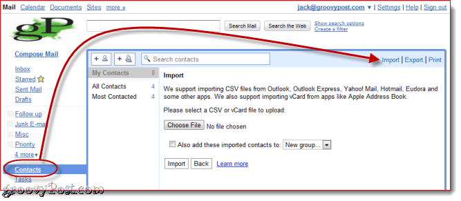Импортирайте VCF в Gmail