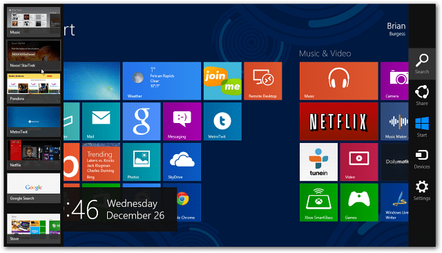Деактивирайте Windows 8 горещи ъгли от показване на бар и превключвател