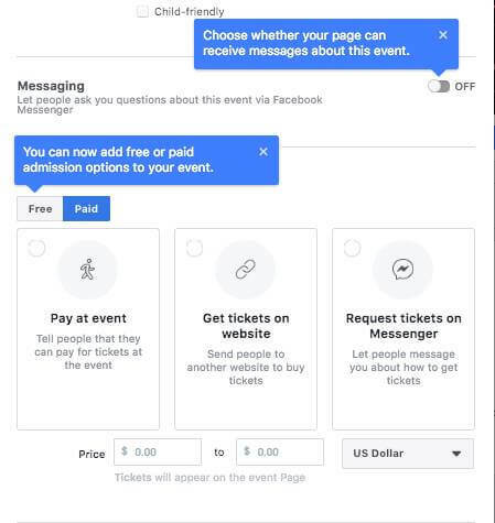 Facebook изглежда тества опцията да позволи на хората да задават въпроси чрез Facebook Messenger, добавете безплатно или опция за платен вход за събитие и задайте диапазон на цените на билетите, когато настройвате събитие във Facebook Страница.